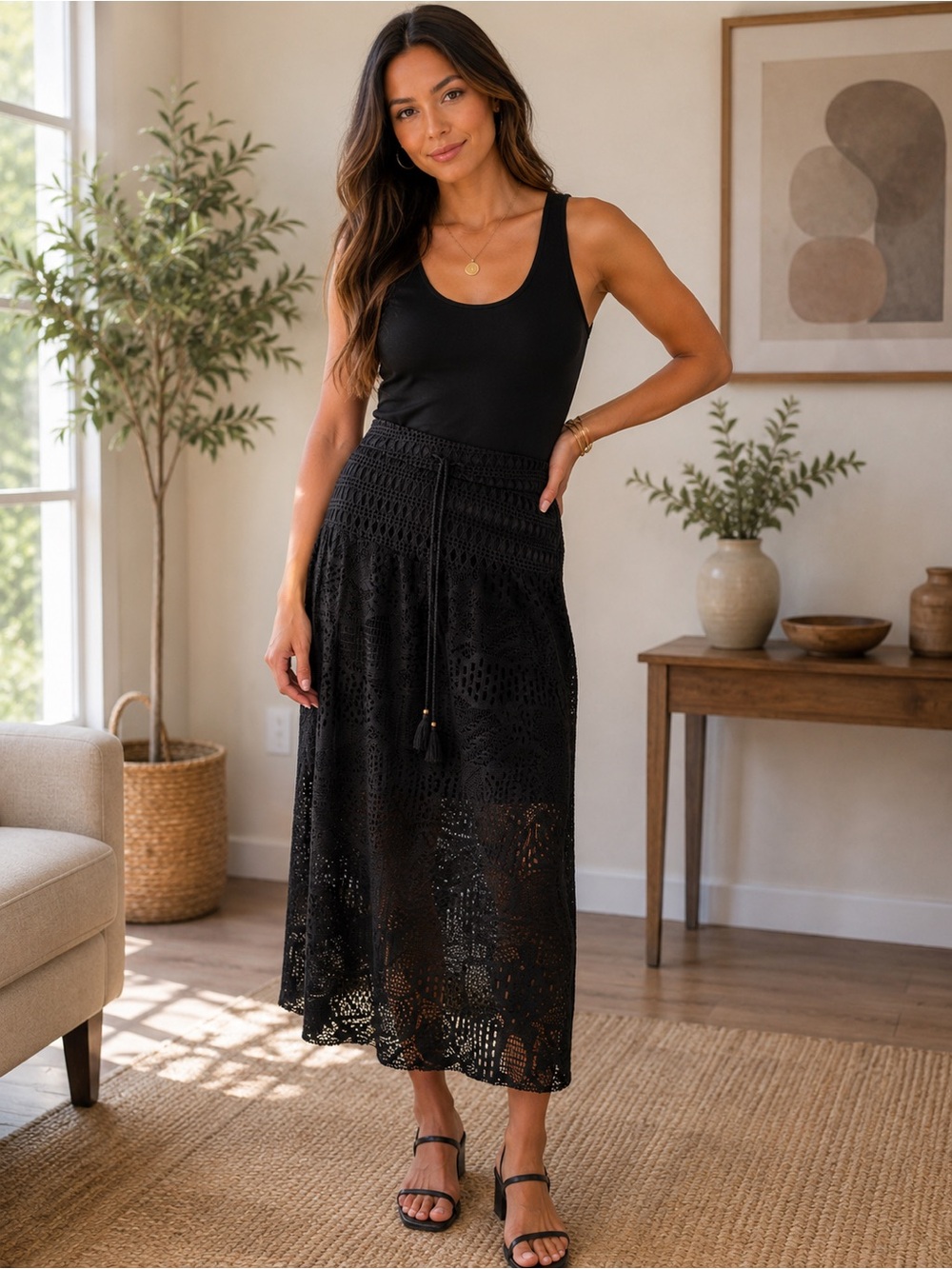 114) BeBop Black Crochet Lace Midi Skirt | Boho Festival skirt